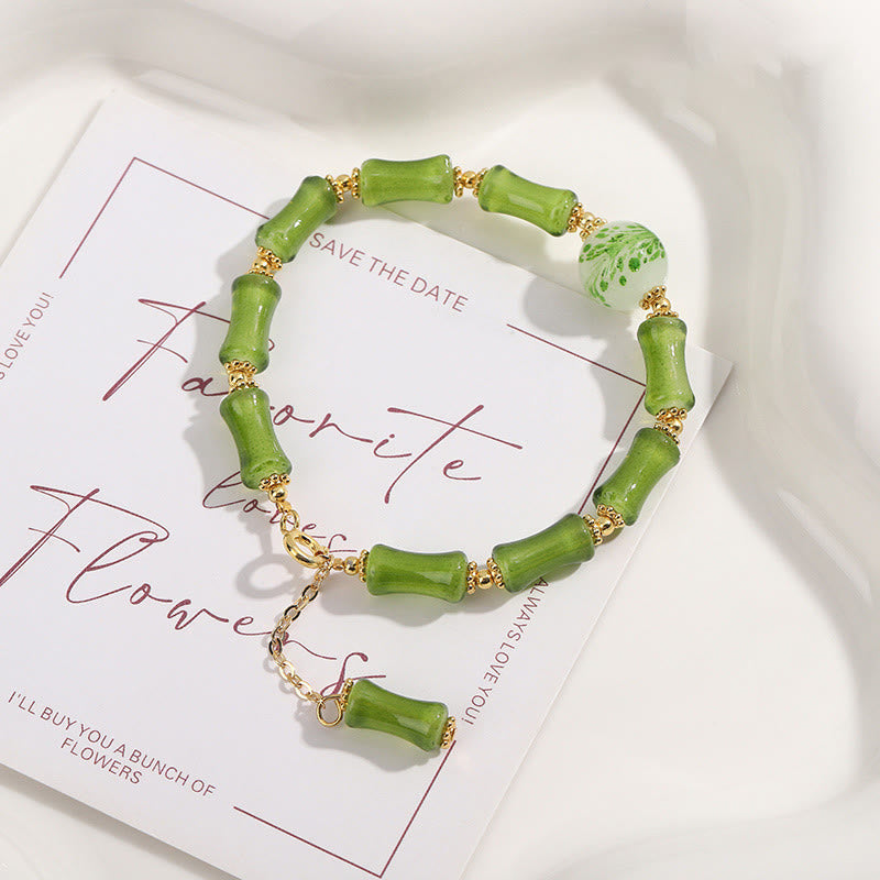 Wear FengShui Green Bamboo Pattern Liuli Crystal Moss Agate Wealth Chain Bracelet
