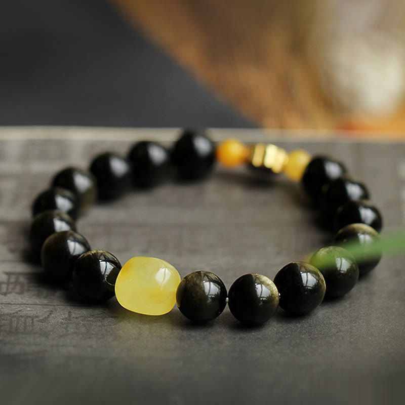 Wear FengShui 925 Sterling Silver Chinese Zodiac Natal Buddha Natural Gold Sheen Obsidian Amber Wealth Protection Bracelet