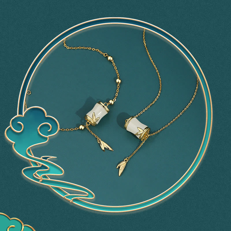 Wear FengShui 925 Sterling Silver 22K Gold Hetian White Jade Bamboo Leaf Luck Necklace Pendant Bracelet