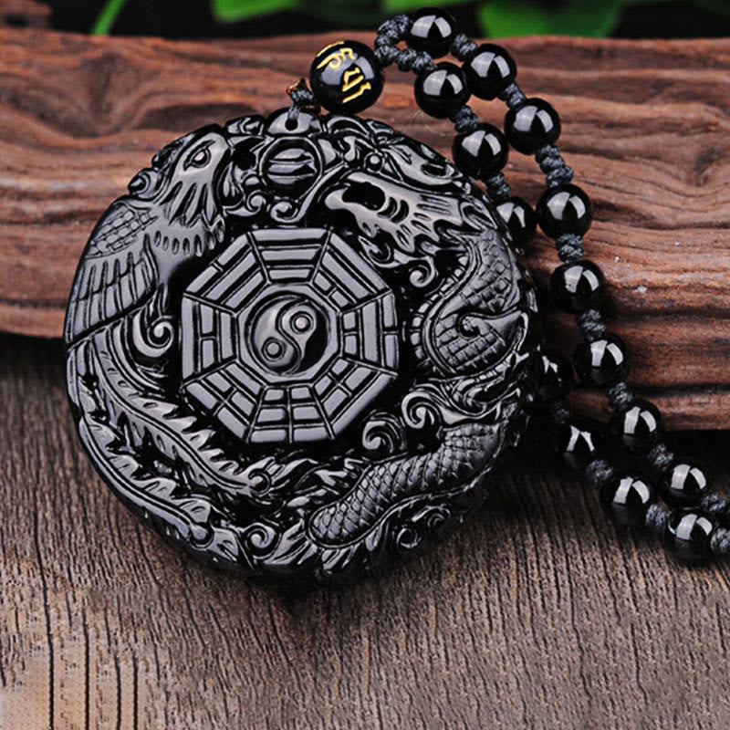 Wear FengShui Bagua Dragon Phoenix Obsidian Fulfilment Pendant Necklace