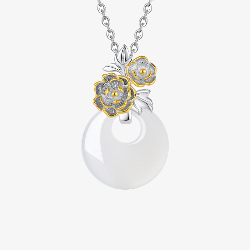 Wear FengShui 925 Sterling Silver Round Chalcedony Twelve Months Flower Harmony Necklace Pendant