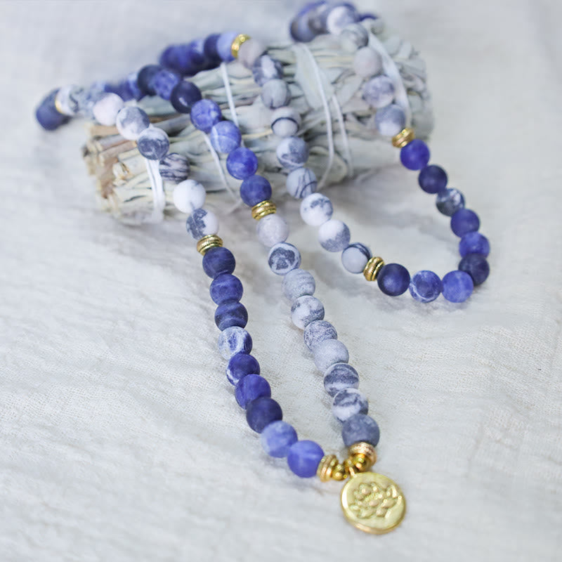 Wear FengShui 108 Natural Picasso Jasper & Blue Stone Mala Bead Lotus Pendant Bracelet