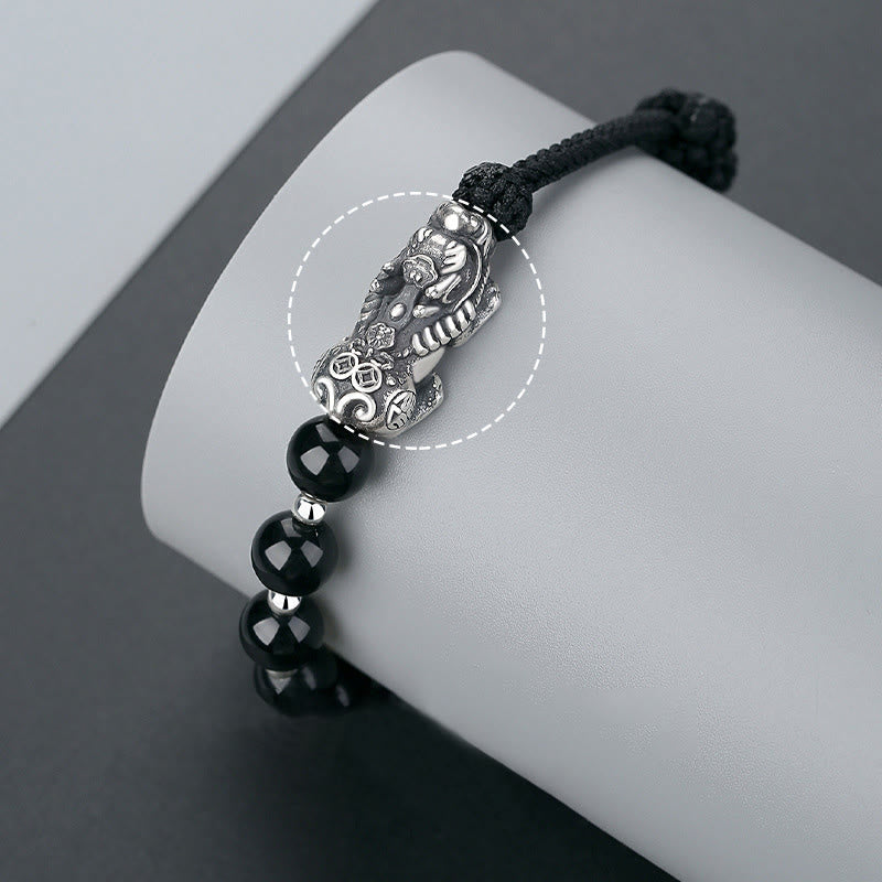 Wear FengShui 999 Sterling Silver FengShui PiXiu Natural Black Obsidian 925 Sterling Silver Bead Strength Bracelet
