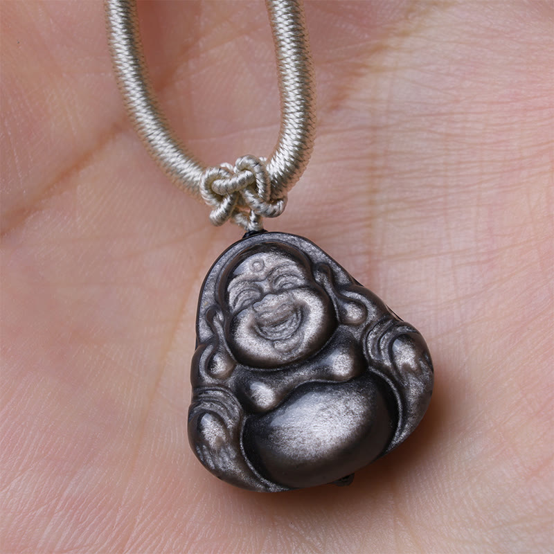 Wear FengShui Natural Silver Sheen Obsidian Laughing Buddha Protection Necklace Pendant