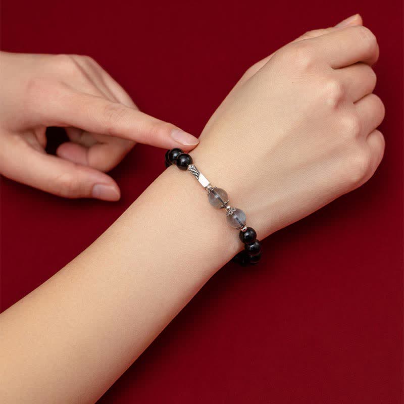 Wear FengShui 925 Sterling Silver Obsidian Moonstone Strength Couple Bracelet