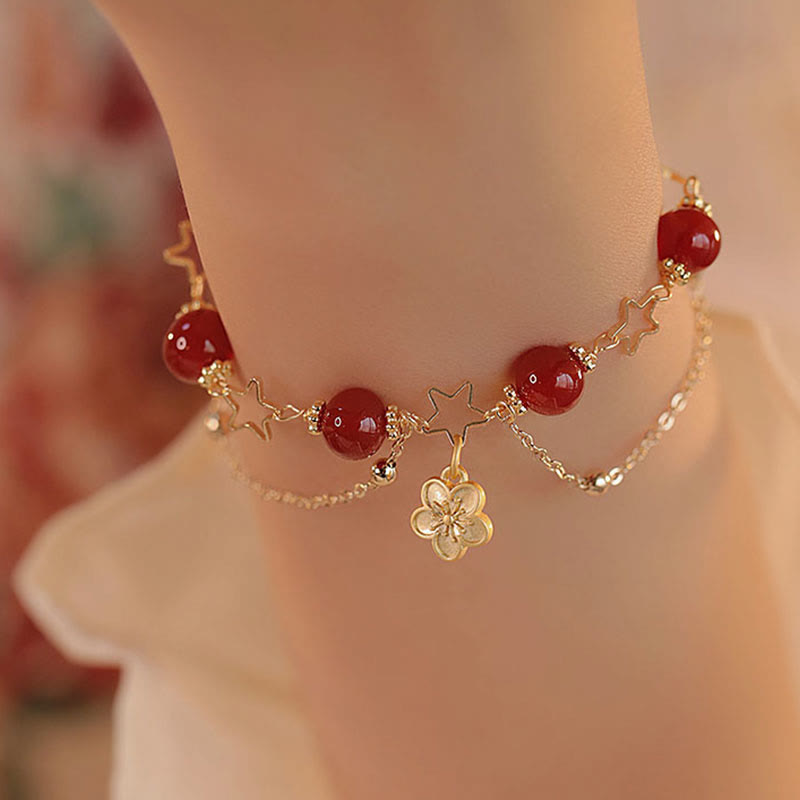 Wear FengShui 14k Gold Plated Red Agate Star Flower Charm Calm Bracelet