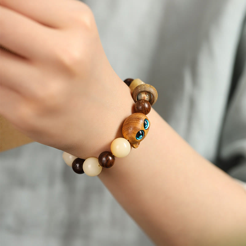Wear FengShui Natural Bodhi Seed Sandalwood Lucky Cute Cat Head Paw Claw Peace Bracelet