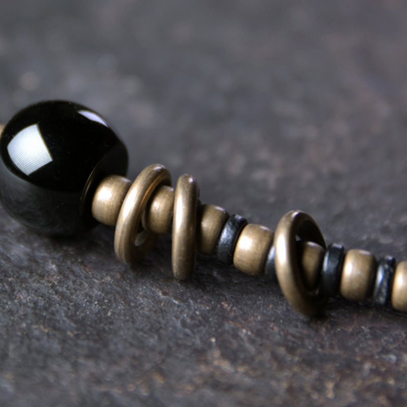 Wear FengShui Ebony Wood Dzi Bead Copper Peace Couple Bracelet Necklace Pendant
