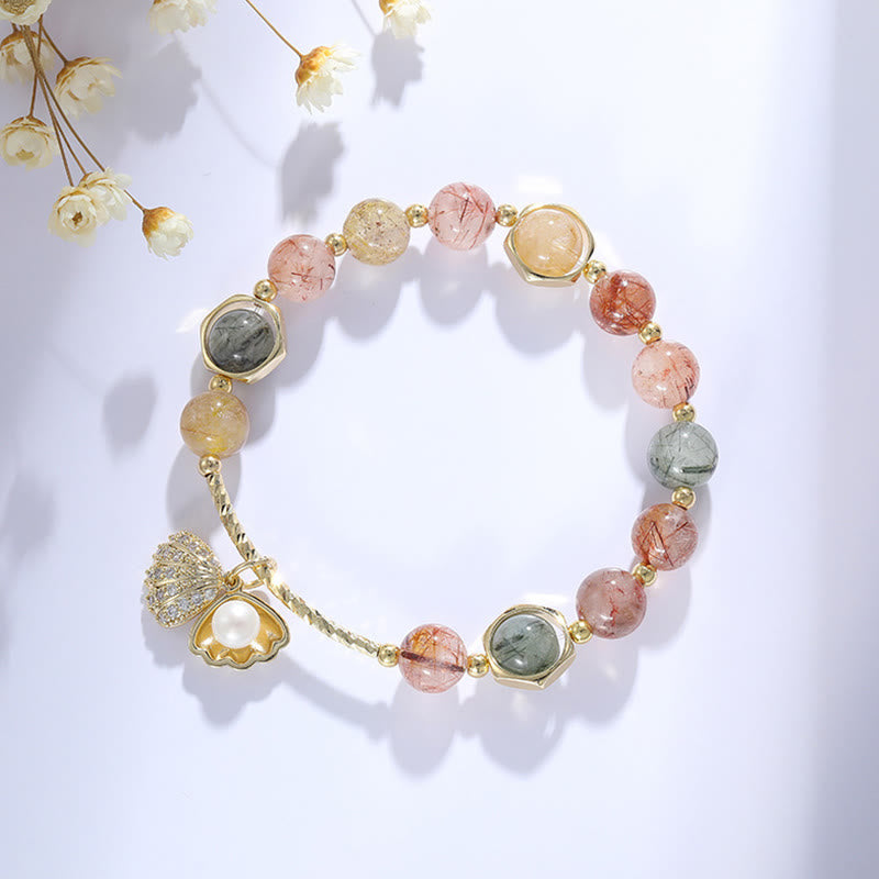 Wear FengShui Natural Colorful Rutilated Quartz Shell Protection Bead Bracelet