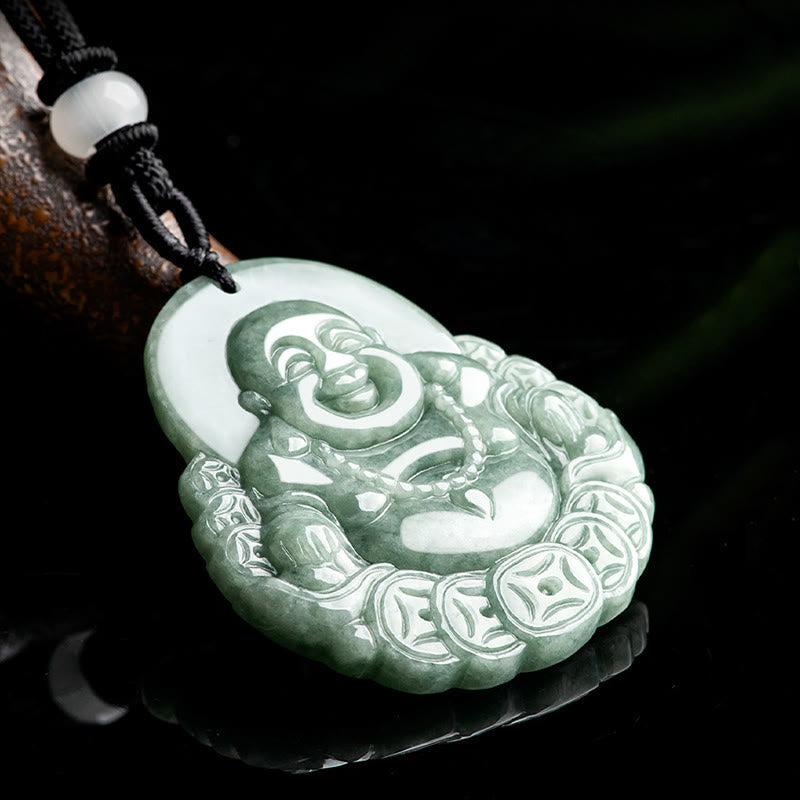 Wear FengShui Laughing Buddha Natural Jade Copper Coin Abundance Necklace Pendant