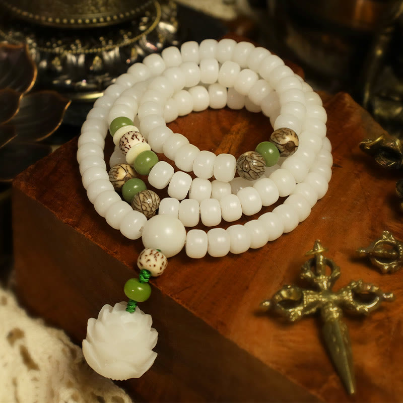Wear FengShui White Jade Bodhi Lotus Mala Harmony Necklace Bracelet