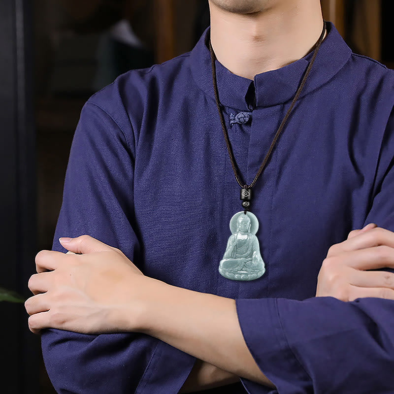 Wear FengShui Amitabha Buddha Natural Jade Lotus Amulet Compassion String Necklace Pendant