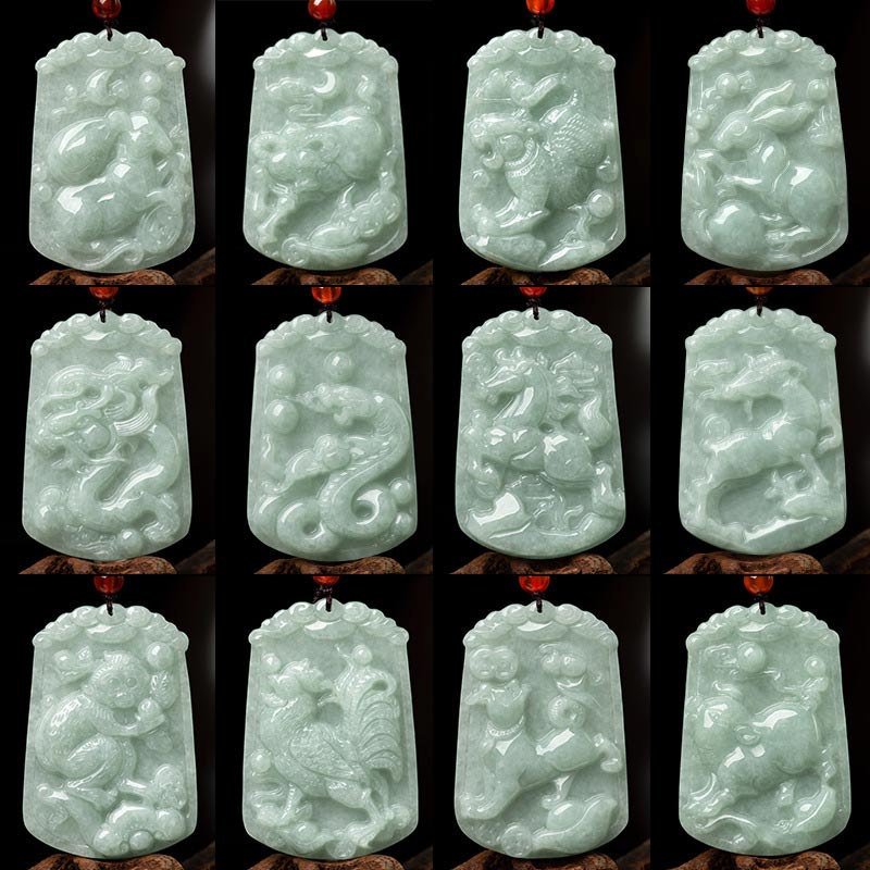 Wear FengShui Natural Jade 12 Chinese Zodiac Abundance Amulet Pendant Necklace
