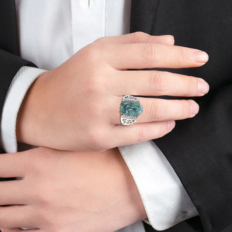 Wear FengShui 925 Sterling Silver Fengshui Wealth Prosperity Jade PiXiu Luck Ring
