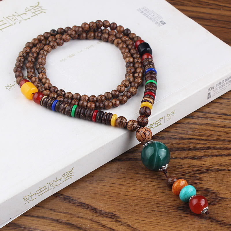 Wear FengShui Tibetan Wenge Wood Bodhi Seed Agate Balance Peace Necklace Pendant