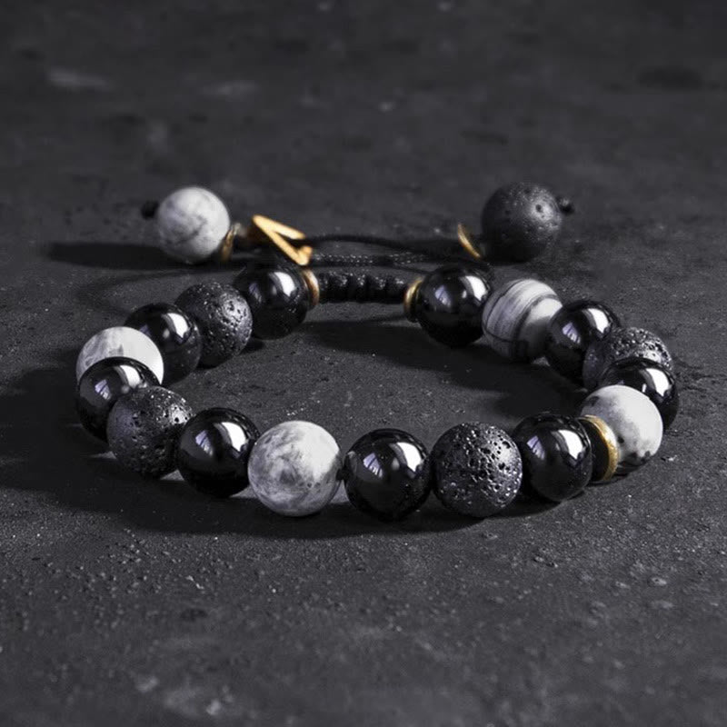 Wear FengShui Black Obsidian Lava Rock Stone Yin Yang Strength Bracelet