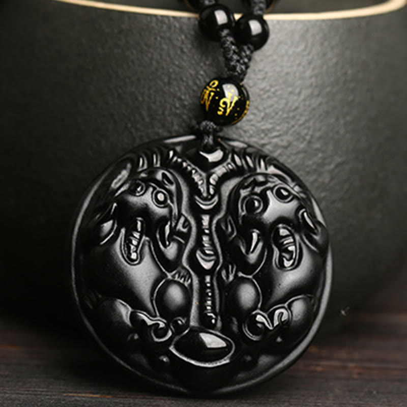 Wear FengShui Black Obsidian Double Pixiu Bead Rope Purification Necklace Pendant