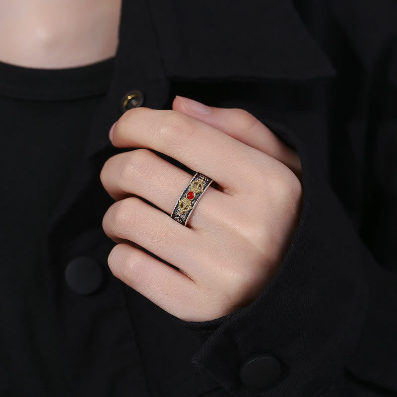 Wear FengShui Tibetan Om Mani Padme Hum Red Agate Dorje Vajra Design Wisdom Ring