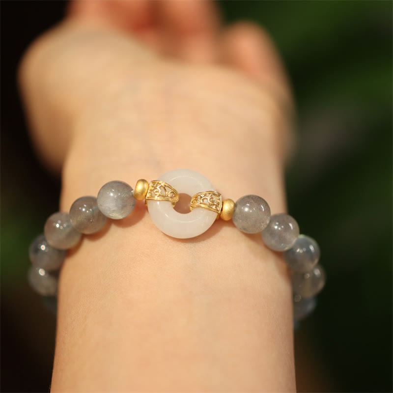 Wear FengShui Natural Moonstone Heitan Jade Peace Buckle Healing Bracelet