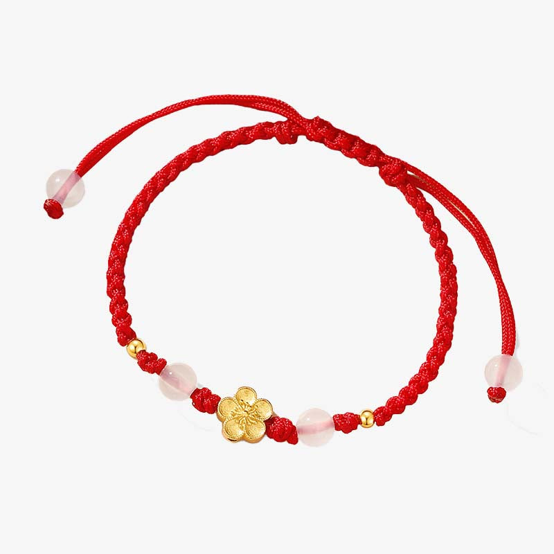 Wear FengShui Handmade 925 Sterling Silver Peach Blossom Cherry Sakura Chalcedony Bead Luck Red Rope Bracelet