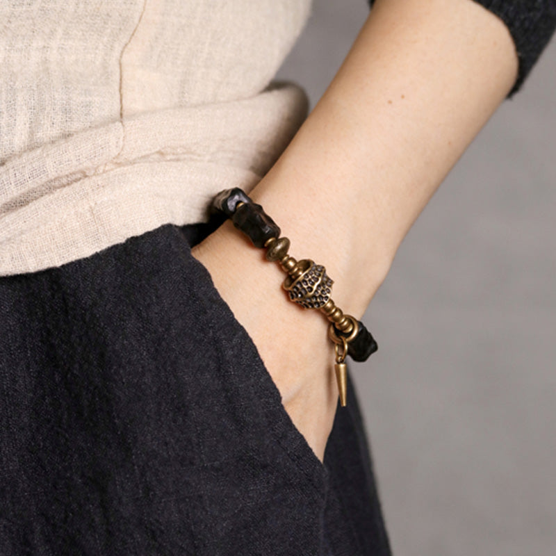 Wear FengShui Ebony Wood Copper Balance Protection Couple Bracelet