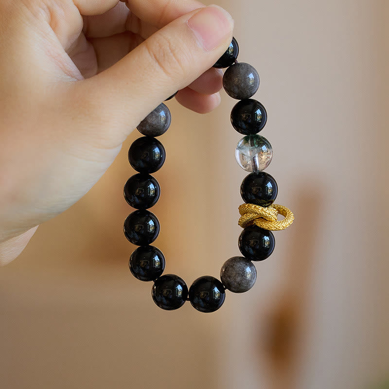 Wear FengShui Natural Silver Sheen Obsidian Dragon Green Phantom Protection Bracelet