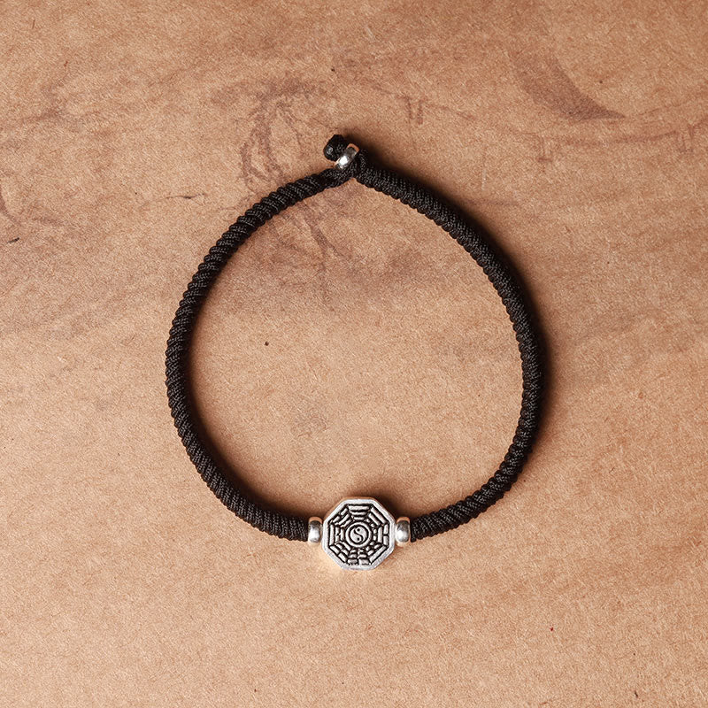 Wear FengShui 925 Sterling Silver Yin Yang Bagua Symbol Cinnabar String Concentration Bracelet