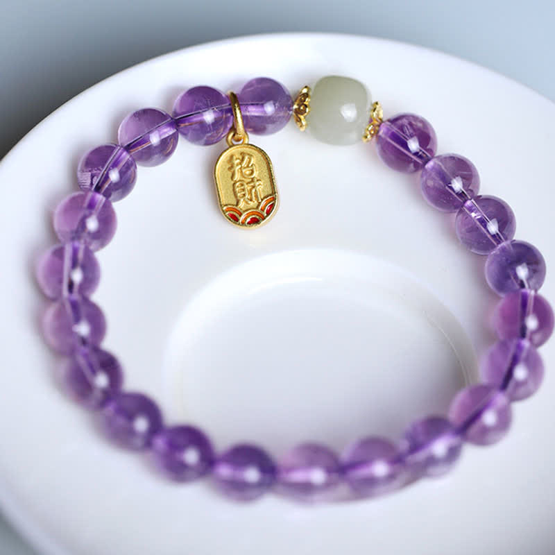 Wear FengShui Natural Amethyst Crystal Hetian Jade Healing Charm Bracelet