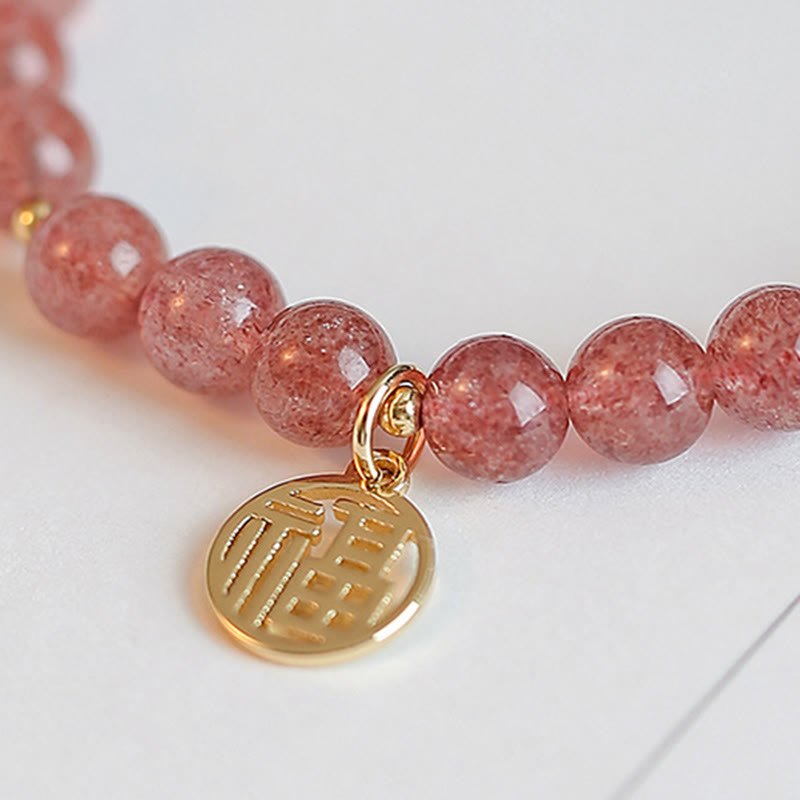 Wear FengShui 14K Gold Plated Strawberry Quartz Fu Character Healing Charm Bracelet