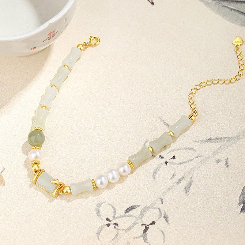 Wear FengShui 925 Sterling Silver Natural Hetian White Jade Bamboo Luck Blessing Bracelet