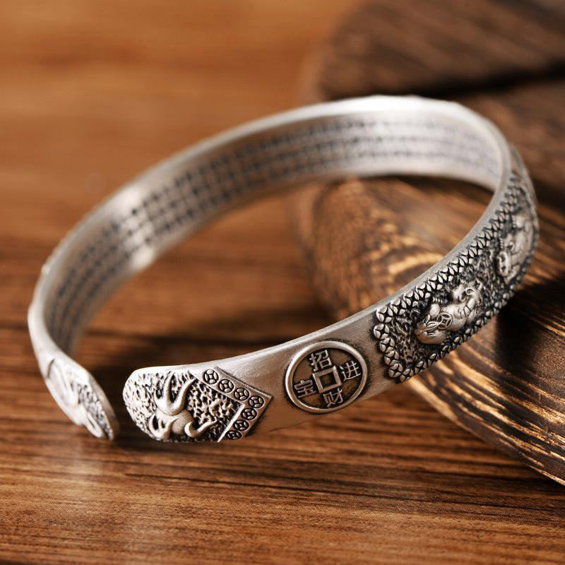 Wear FengShui Tibetan PiXiu Heart Sutra Coin White Copper Wealth Bracelet Adjustable Bangle