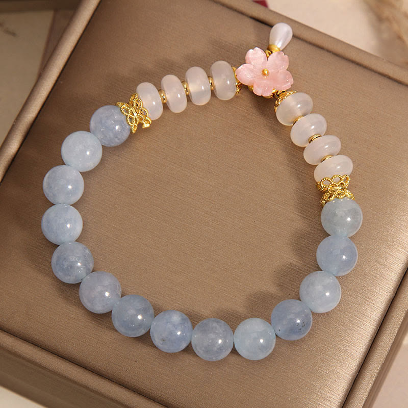 Wear FengShui Aquamarine White Agate Pearl Abacus Beads Flower Healing Bracelet
