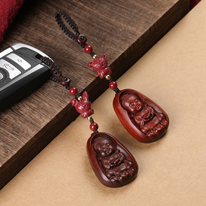 Wear FengShui Small Leaf Red Sandalwood Buddha Cinnabar Chinese Zodiac Amulet Protection Key Chain