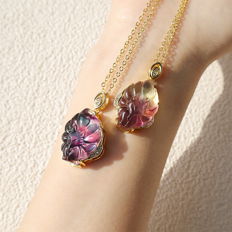 Wear FengShui Natural Colorful Fluorite Nine Tailed Fox Protection Necklace Pendant