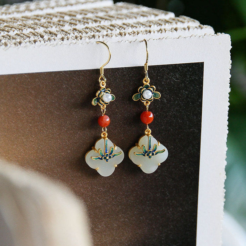 Wear FengShui Lucky Four Leaf Clover Jade Abundance Copper Earrings