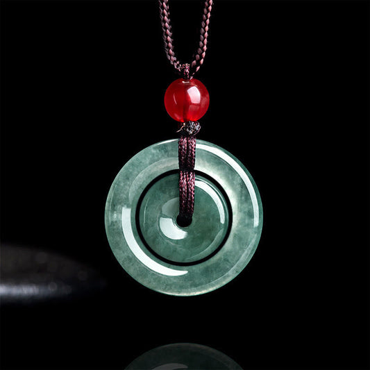 Wear FengShui Green Jade Double Peace Buckle Abundance Necklace Pendant