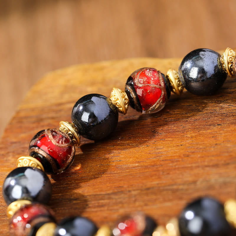 Wear FengShui Tibetan Zakiram Goddess of Wealth Liuli Glass Incense Ash Porcelain Bead Luck Bracelet