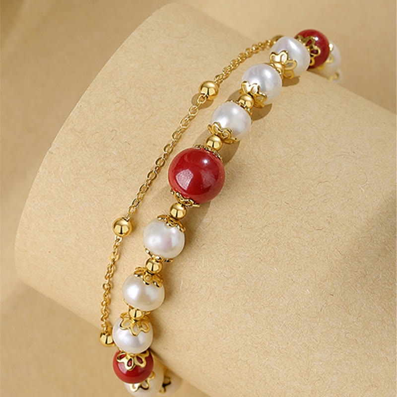 Wear FengShui 925 Sterling Silver Pearl Cinnabar Wisdom Bead Double Layer Chain Bracelet