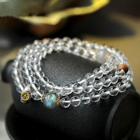 Wear FengShui 925 Sterling Silver Chinese Zodiac Natal Buddha White Crystal Meditation Triple Wrap Bracelet