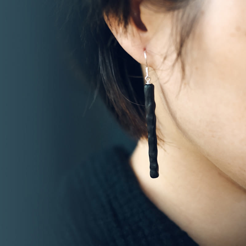 Wear FengShui 925 Sterling Silver Ebony Wood Texture Balance Peace Drop Dangle Earrings