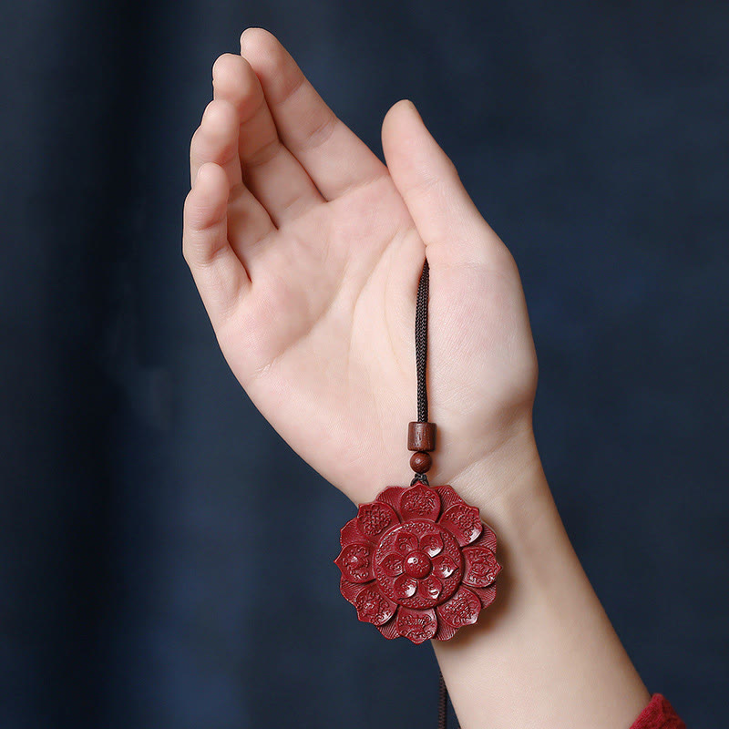 Wear FengShui Natural Cinnabar Lotus Om Mani Padme Hum Blessing Necklace String Pendant