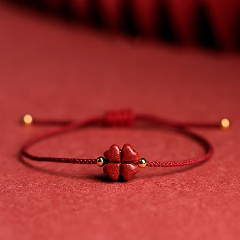Wear FengShui Natural Cinnabar Four Leaf Clover Blessing Red String Bracelet Anklet