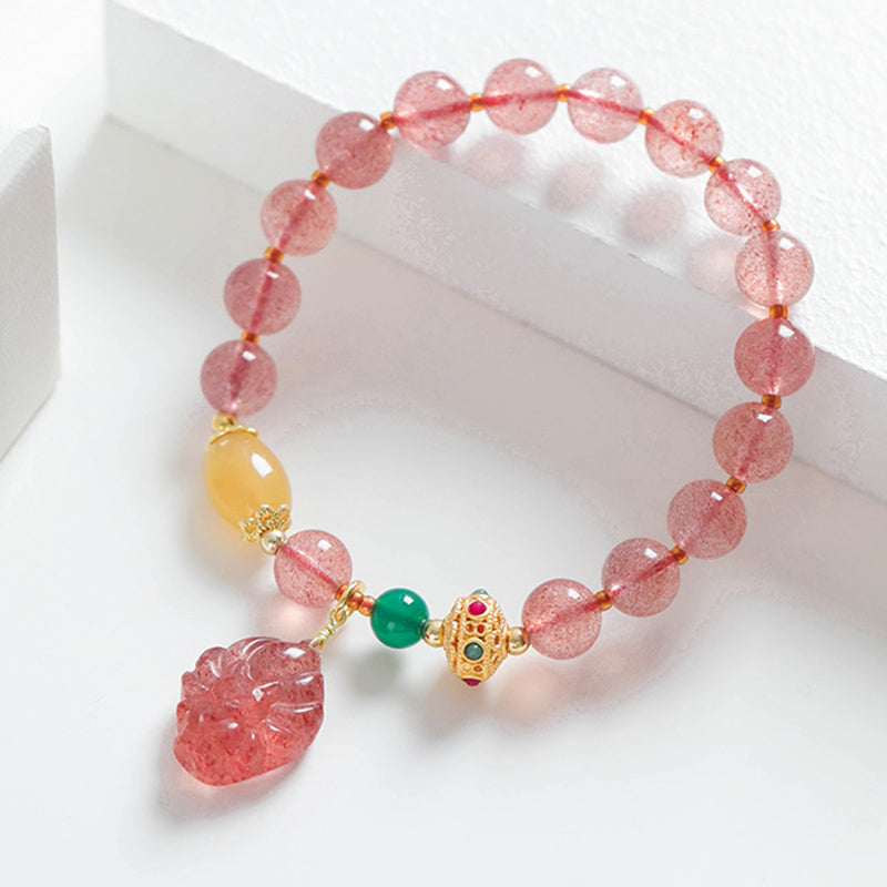 Wear FengShui Natural Strawberry Quartz Nine Tailed Fox Healing Bracelet