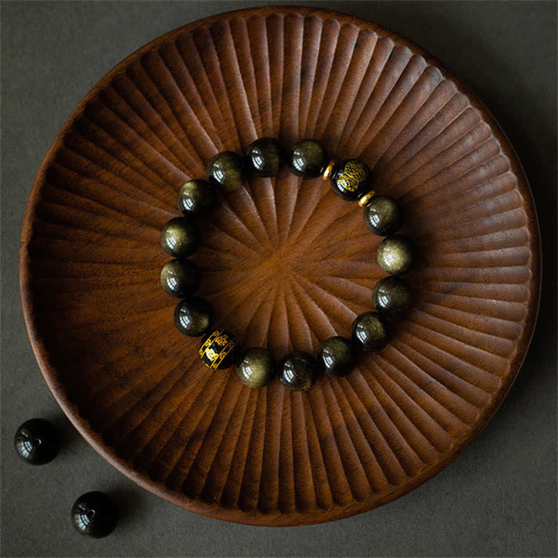 Wear FengShui Chinese Zodiac Natal Buddha Gold Sheen Obsidian Wealth Protection Bracelet