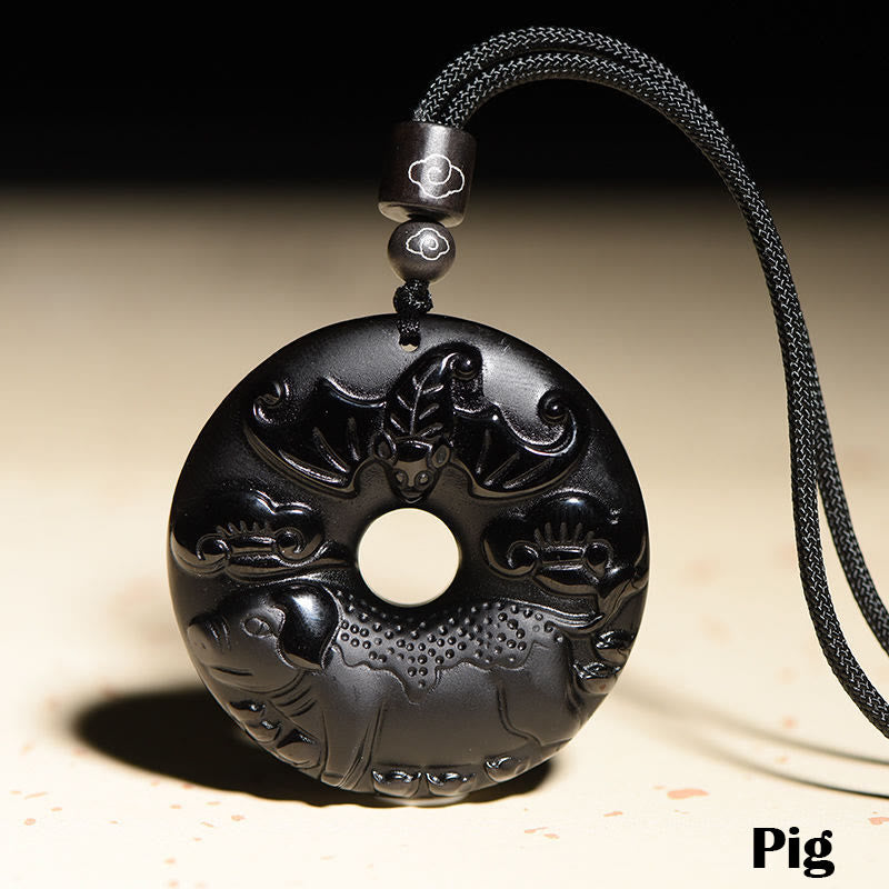 Wear FengShui Chinese Zodiac Natural Black Obsidian Peace Buckle Strength Necklace Pendant
