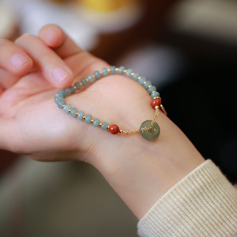 Wear FengShui Natural Hetian Jade Red Agate Peace Buckle Lucky Fortune Bracelet
