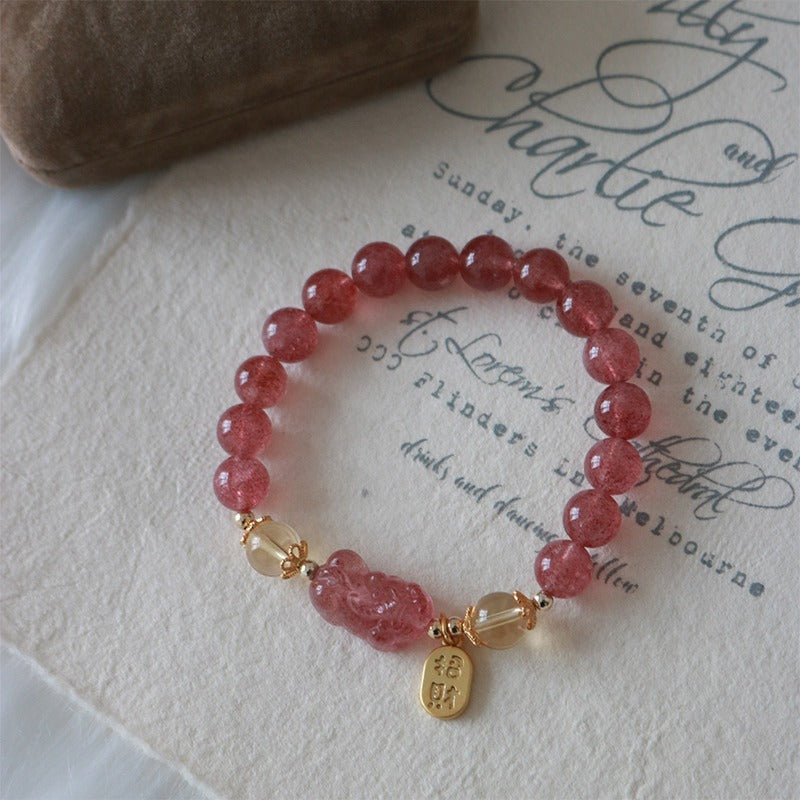 Wear FengShui Natural Strawberry Quartz Peach Blossom PiXiu Attract Fortune Healing Bracelet