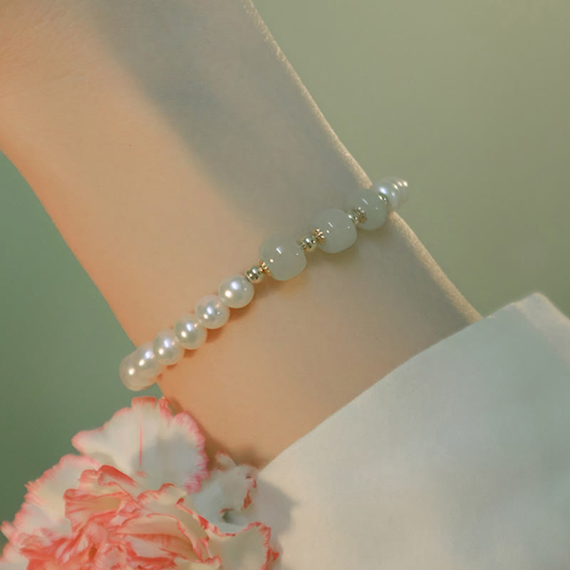 Wear FengShui 14K Gold Plated Natural Pearl Hetian Cyan Jade White Jade Sincerity Bead Chain Bracelet