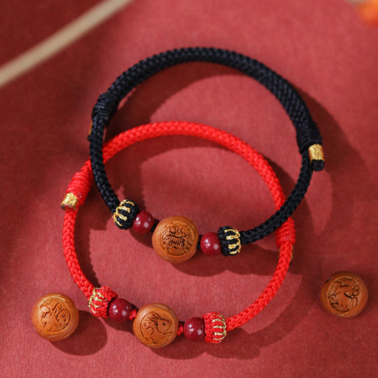 Wear FengShui Natural Peach Wood Chinese Zodiac Fu Character Carved Cinnabar Wealth Bracelet