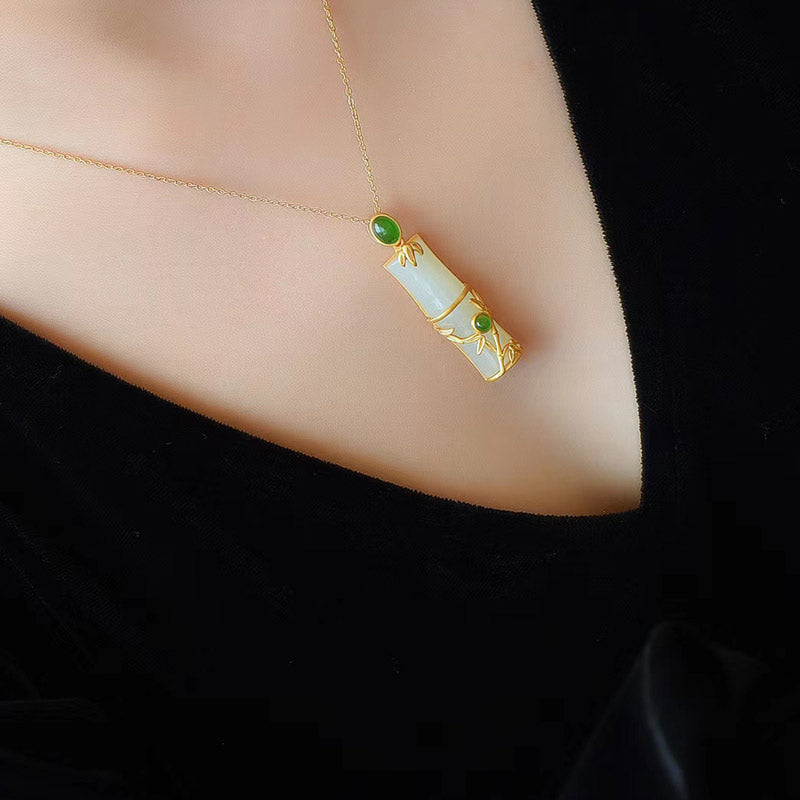 Wear FengShui White Jade Cyan Jade Bamboo Protection Necklace Pendant